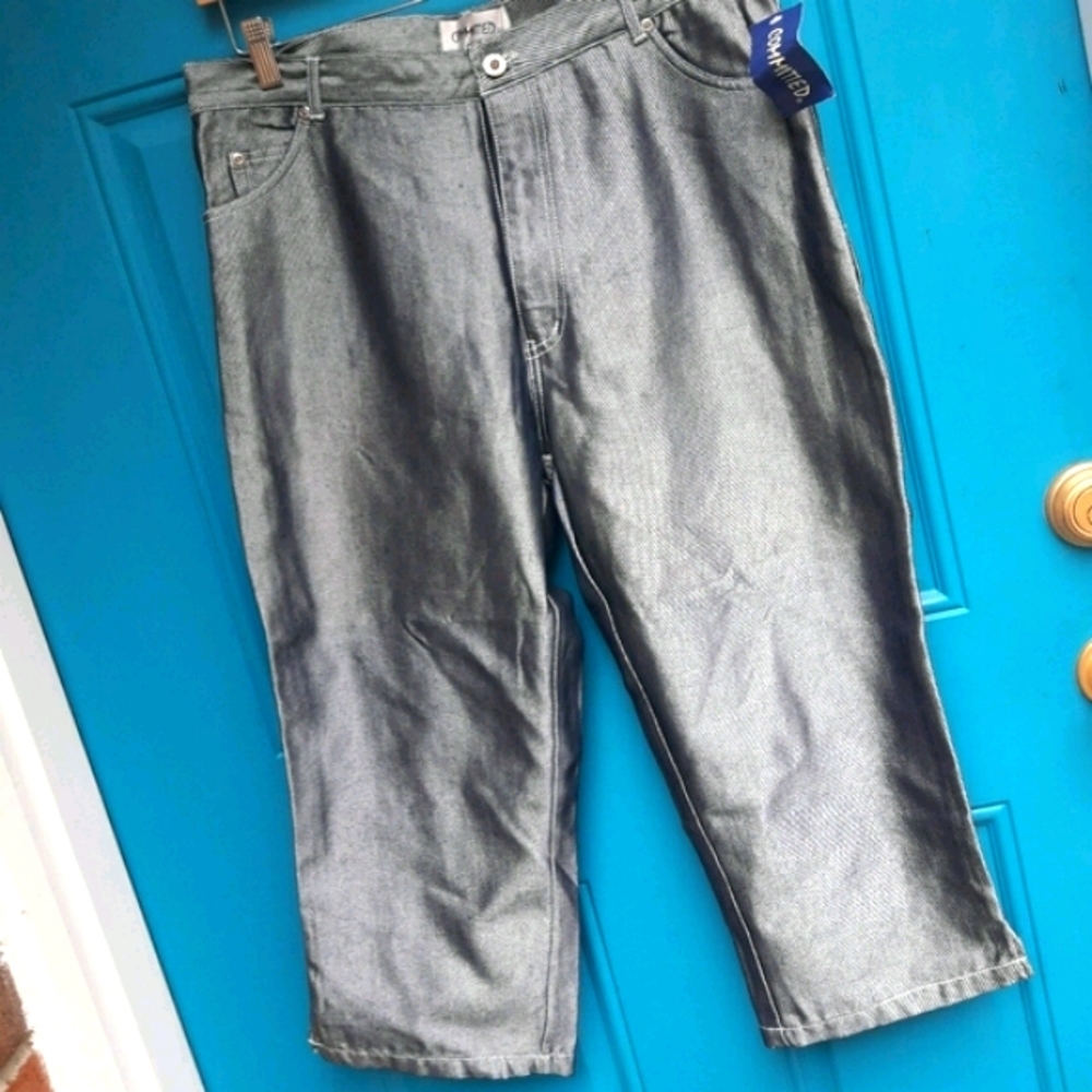 NEW Sterling Silver Jeans Metallic Denim Metal Disco Cropped Pant 12